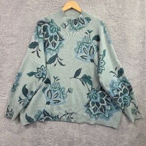 LC Lauren Conrad Women's 3X Mint Shire Vines Ribbed Hem Floral Pullover Sweater